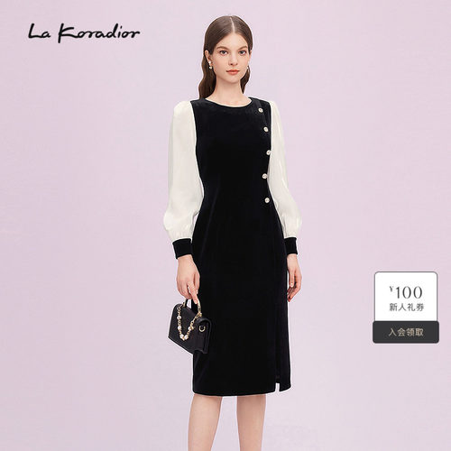 La Koradior拉珂蒂商场同款气质优雅丝绒拼接礼服裙侧开叉长裙女
