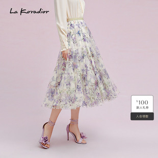 通勤灵动网纱印花半身裙a字高腰雪纺长裙女 Koradior拉珂蒂春季
