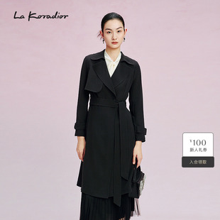 通勤新款 Koradior拉珂蒂春季 黑色质感过膝风衣外套 桑蚕丝