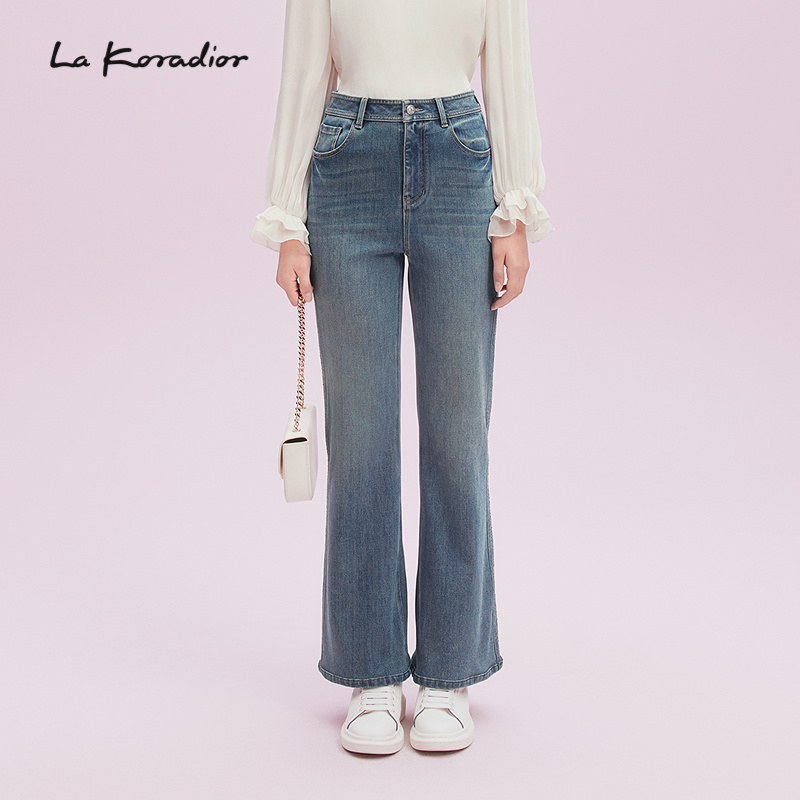 La Koradior拉珂蒂简约优雅秋季显瘦立裁微喇烫钻精致百搭牛仔裤