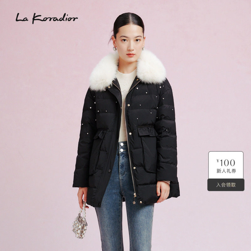 La Koradior拉珂蒂修身通勤时尚狐狸毛领羽绒服中长款鹅绒外套女