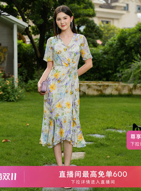 【商场同款】Lakoradior拉珂蒂通勤气质女春夏新款V领印花裹身裙