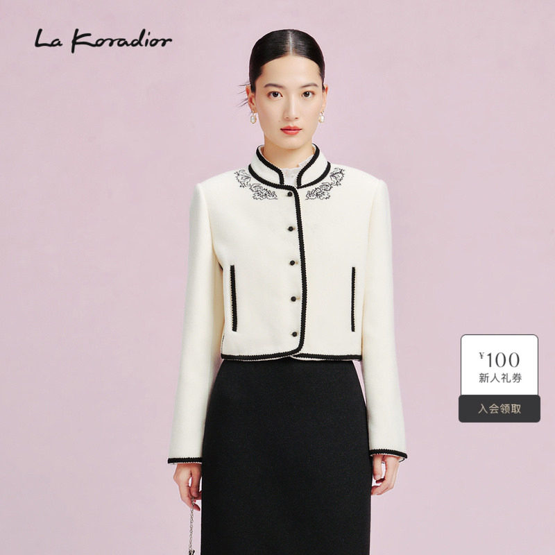 【羊毛】La Koradior拉珂蒂立领单排扣毛呢印花短上衣气质外套女