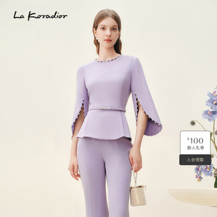上衣 Lakoradior拉珂蒂淡紫春夏圆领珠饰蝙蝠袖 精致社交