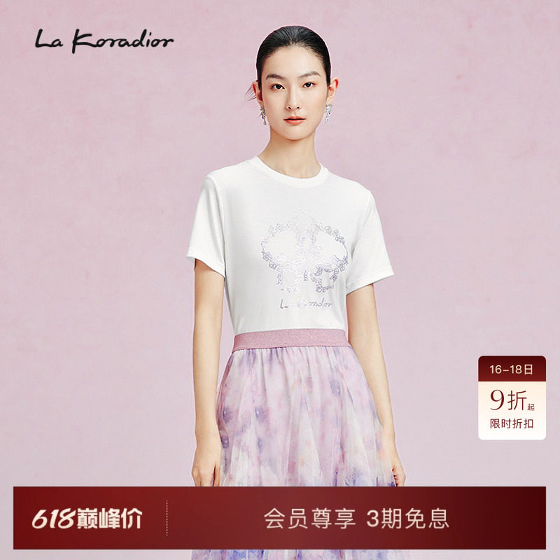 La Koradior拉珂蒂新款圆领白色蝴蝶兰烫钻纯棉T恤衫上衣通勤女