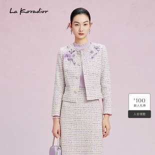 Koradior拉珂蒂法式 香风外套刺绣圆领短上衣 欧洲进口花纱