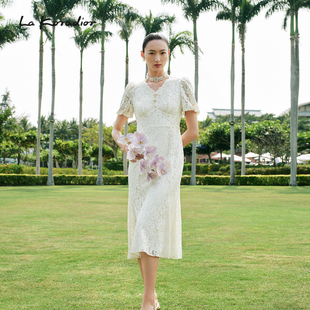v领短袖 Lakoradior拉珂蒂夏季 铃兰裙 鱼尾花卉蕾丝连衣裙 经典