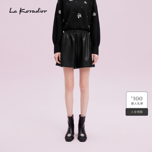 Koradior拉珂蒂优雅秋新款 高腰显瘦PU皮阔腿短裤 商场同款