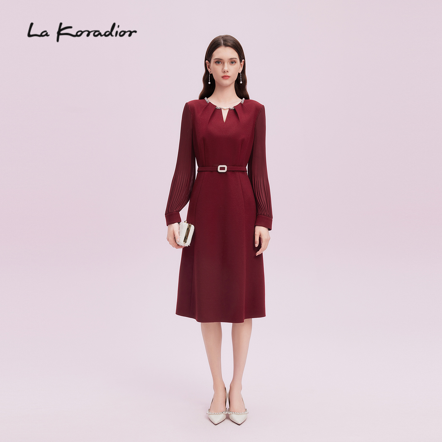 【商场同款】La Koradior拉珂蒂通勤秋新款气质拼接百褶袖连衣裙
