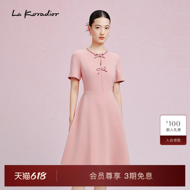 【法式洋装裙】La Koradior拉珂蒂新款圆领短袖礼服裙a字连衣裙