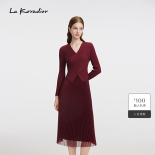 秋新款 koradior拉珂蒂时尚 针织拼接百褶连衣裙女 商场同款