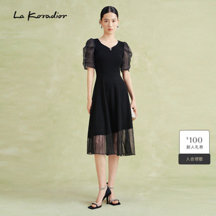 Koradior拉珂蒂夏季 法式 洋装 钉珠针织连衣裙 灯笼袖 商场同款