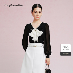 新款 秋季 长袖 打底衫 外穿女 黑色v领套头衫 Koradior拉珂蒂时尚