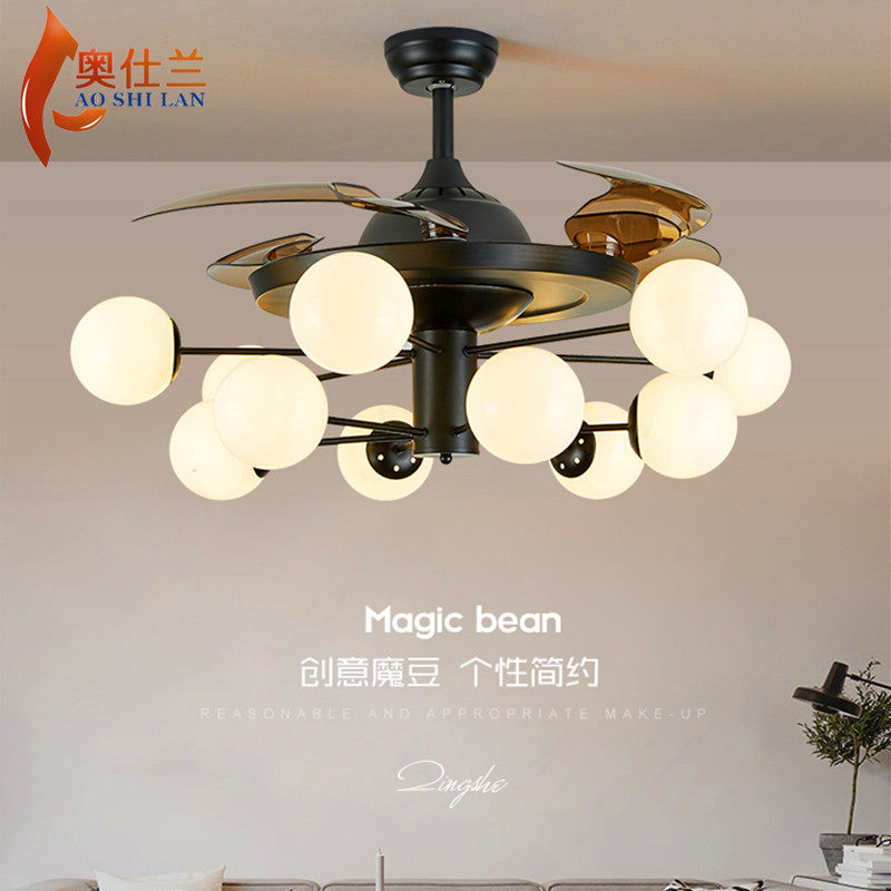 变频客厅风扇灯餐厅中式风扇吊灯一体灯隐形吊扇灯卧室风扇魔豆