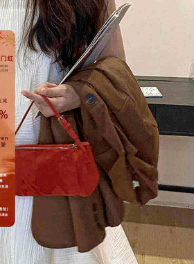 TR笔筒包女真皮2025秋新款90s小众高级感极简麂皮绒红色手提斜挎