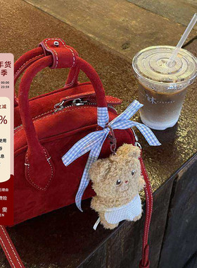 波士顿包女羊猄绒小众真皮复古高级感红色麂皮手提单肩斜挎结婚包