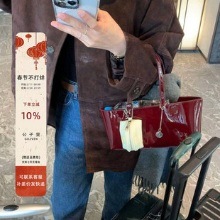 【公子雯】托特包韩系全秀林同款高级头层牛皮漆皮手提单肩红色