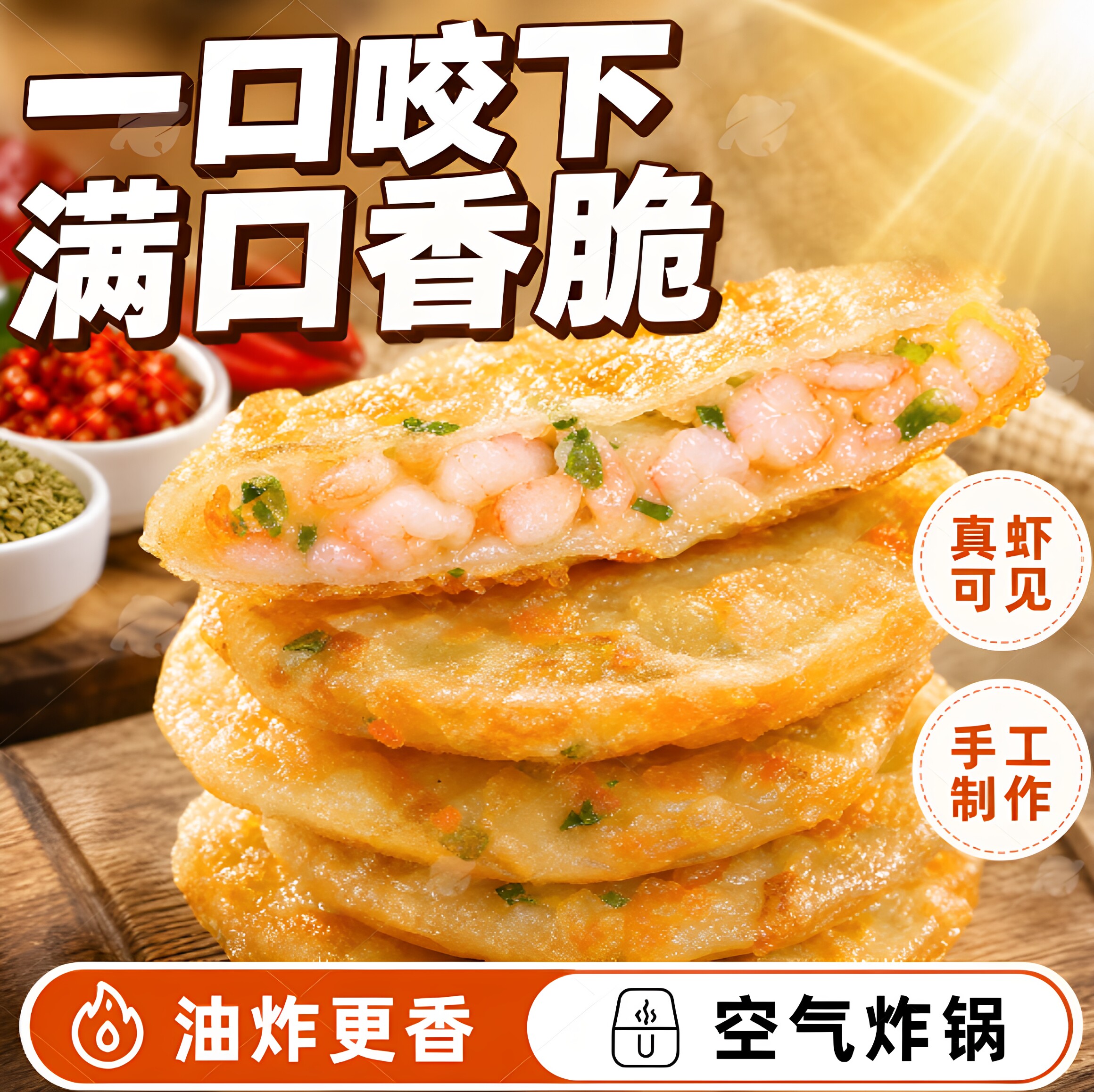 潮汕美食月亮虾饼虾排惠来特产虾肉饼早餐火锅烧烤食材油炸小吃