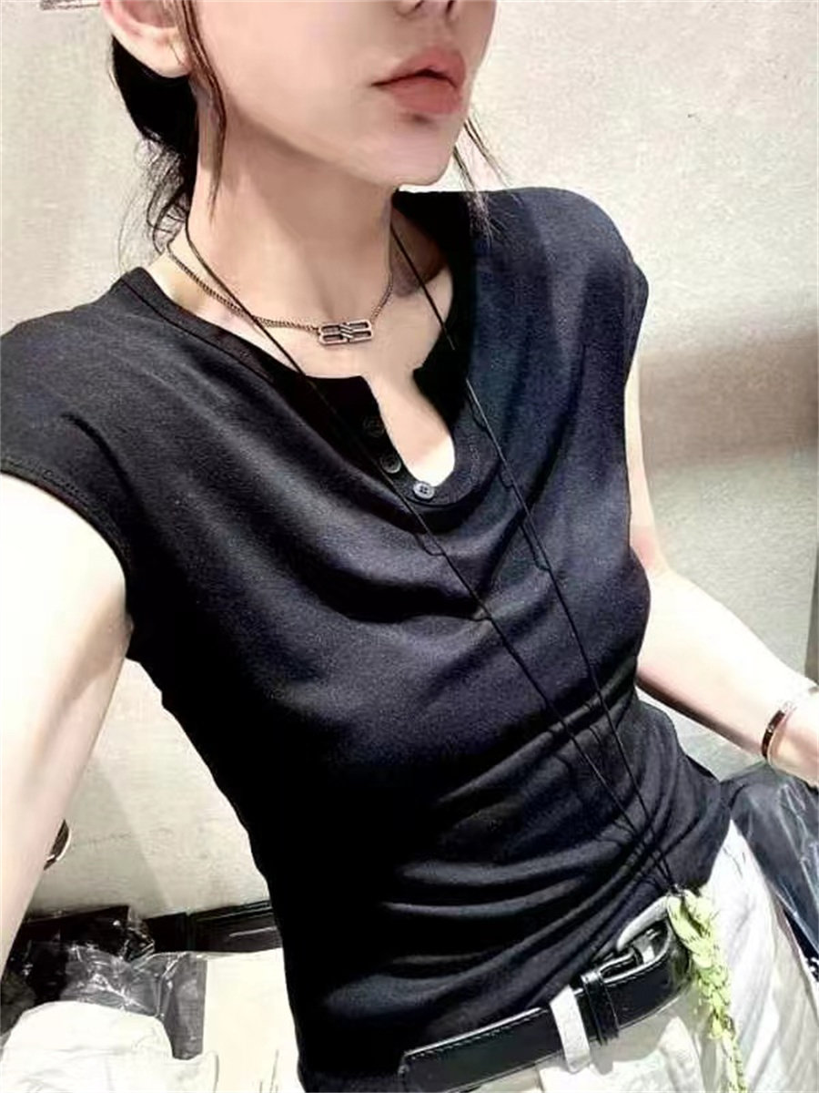 欧洲站小U领薄款柔软半袖T恤女2024夏装新款修身显瘦小衫上衣525