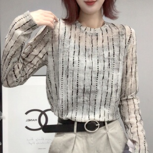 内搭打底衫 欧洲站春季 T恤女百搭休闲时尚 复古条纹长袖 上衣322 新款