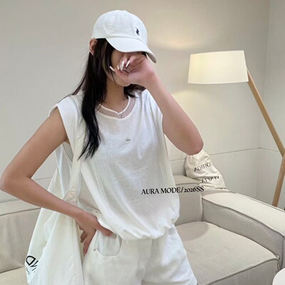Aura mode法式慵懒风白色无袖背心女夏宽松显瘦仙气上衣602