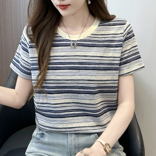 条纹短袖 轻薄舒适竹节棉正肩高级感宽松上衣 女士t恤2025夏季 新款