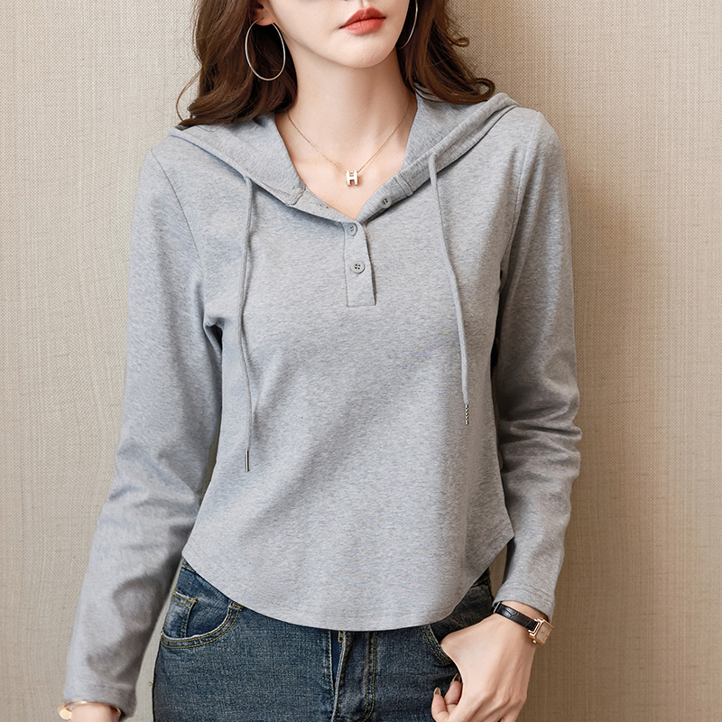 早秋新款韩版薄款打底衫女t恤连帽卫衣流行短款外穿秋衣长袖上衣