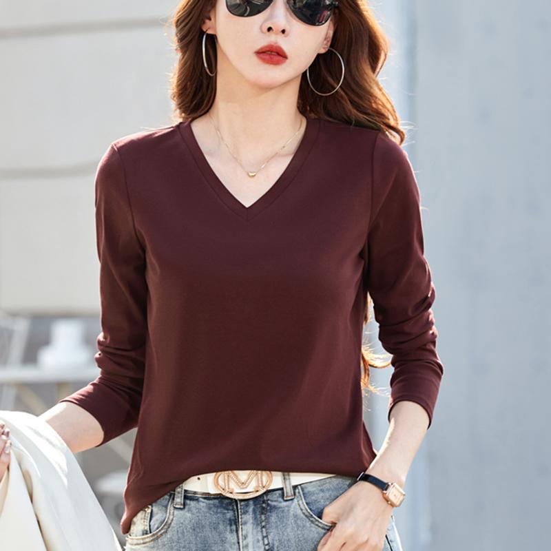 2025春秋纯棉百搭V领长袖t恤女秋冬正肩休闲内搭打底衫鸡心领上衣