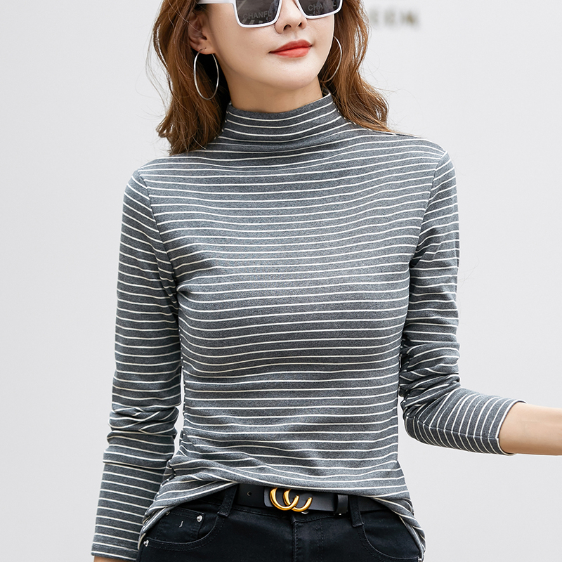 长袖修身加厚条纹纯棉女不起球