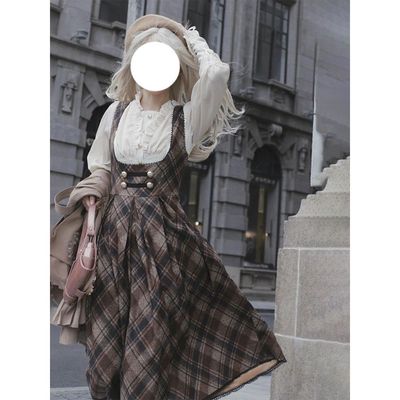 经典瞎裁背带裙+英伦风束袖衬衫两件套2025秋冬复古优雅cla系套装