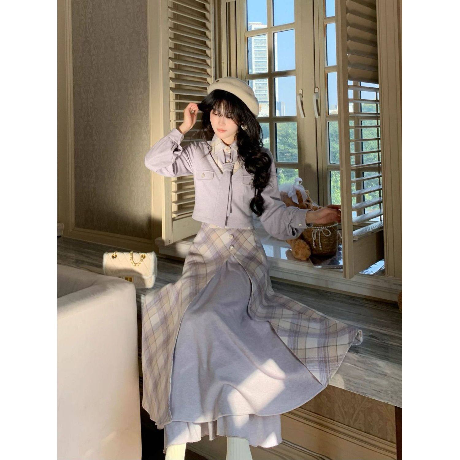 甜美学院风短款温柔紫翻领上衣+格纹拼接半裙套装女2025秋冬新款,女装/女士精品,时尚套装,淘宝优惠券,粉丝福利购,淘宝优惠卷