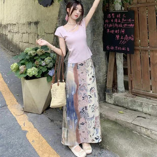 女装 新款 广州十三行夏季 套装 显瘦半身裙两件套 纯色短袖 T恤长款