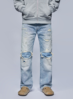 UNSOLUTE 复刻517科本破坏  复古冰蓝 三体 80年代 微喇 牛仔裤