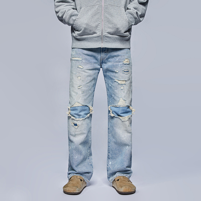 UNSOLUTE 复刻517科本破坏  复古冰蓝 三体 80年代 微喇 牛仔裤