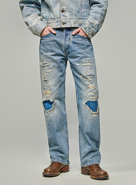 【年底清货】路亚破坏 古布系列 刀割 15OZ重磅 酸化做旧 牛仔裤