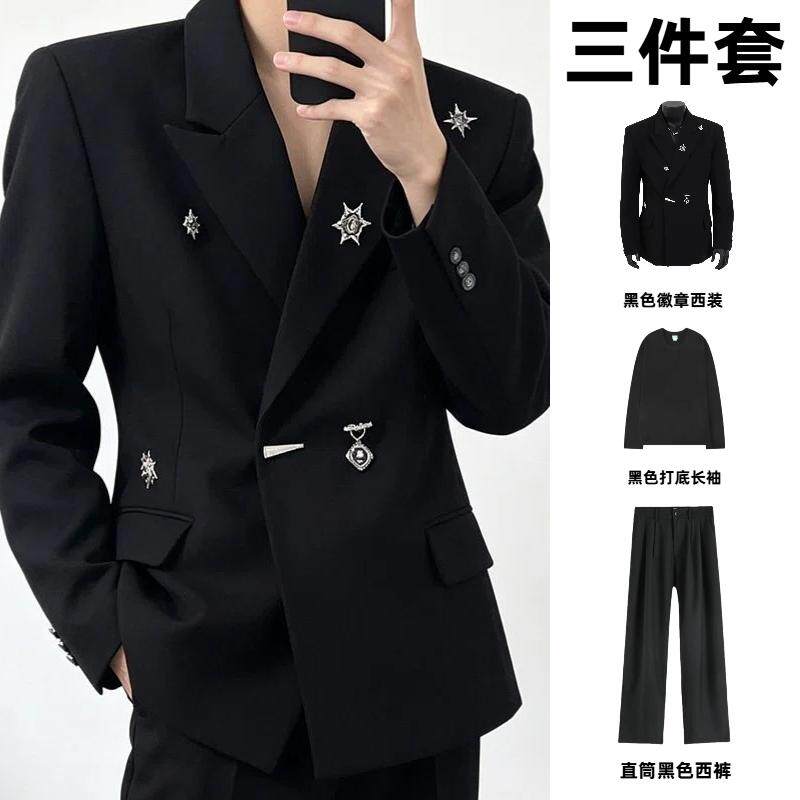 轻奢金属徽章设计黑色西装外套男