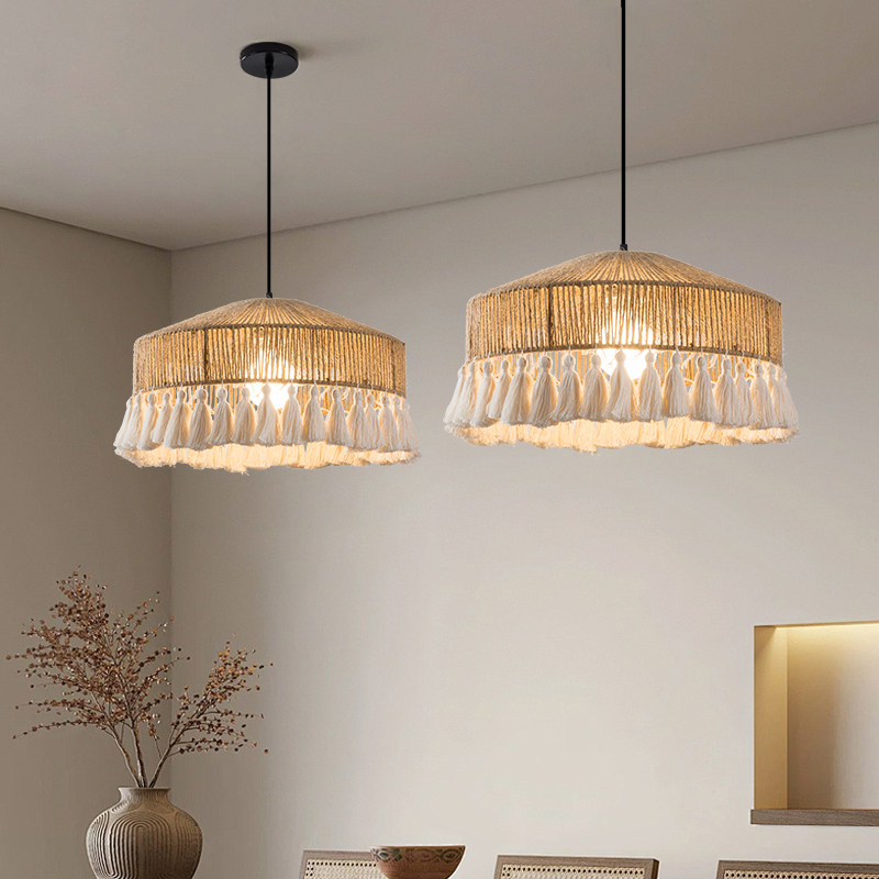 侘寂风复古麻绳吊灯波西米亚布艺流苏卧室灯日式民宿酒店饭餐厅灯,家装灯饰光源,酒店/宴会厅/餐饮吊灯,淘宝优惠券,粉丝福利购,淘宝优惠卷