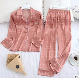 Women Pajama Set Silk Fashion Lapel Printing Pajamas Satin