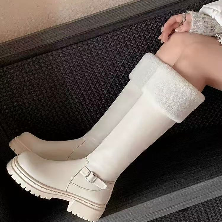 厚羊绒毛长筒靴女单靴不过膝厚底骑士靴高筒皮靴2025冬新款马靴女