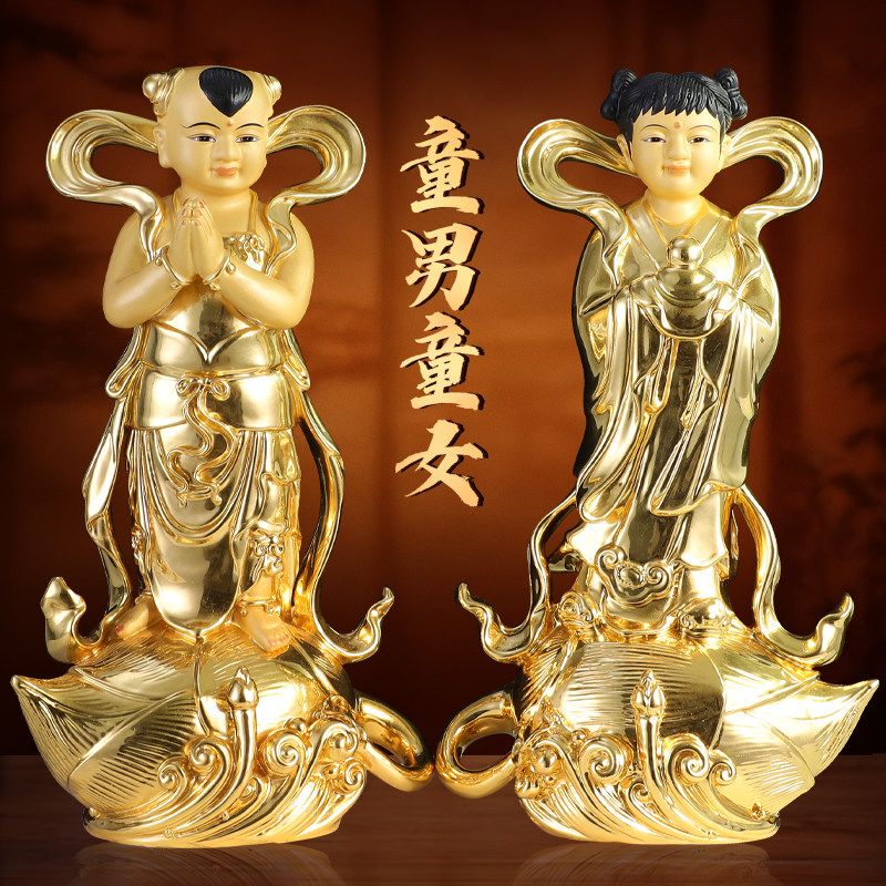 纯铜金童玉女铜像摆件家用供奉善财童子龙女佛像佛堂观音侍女摆件