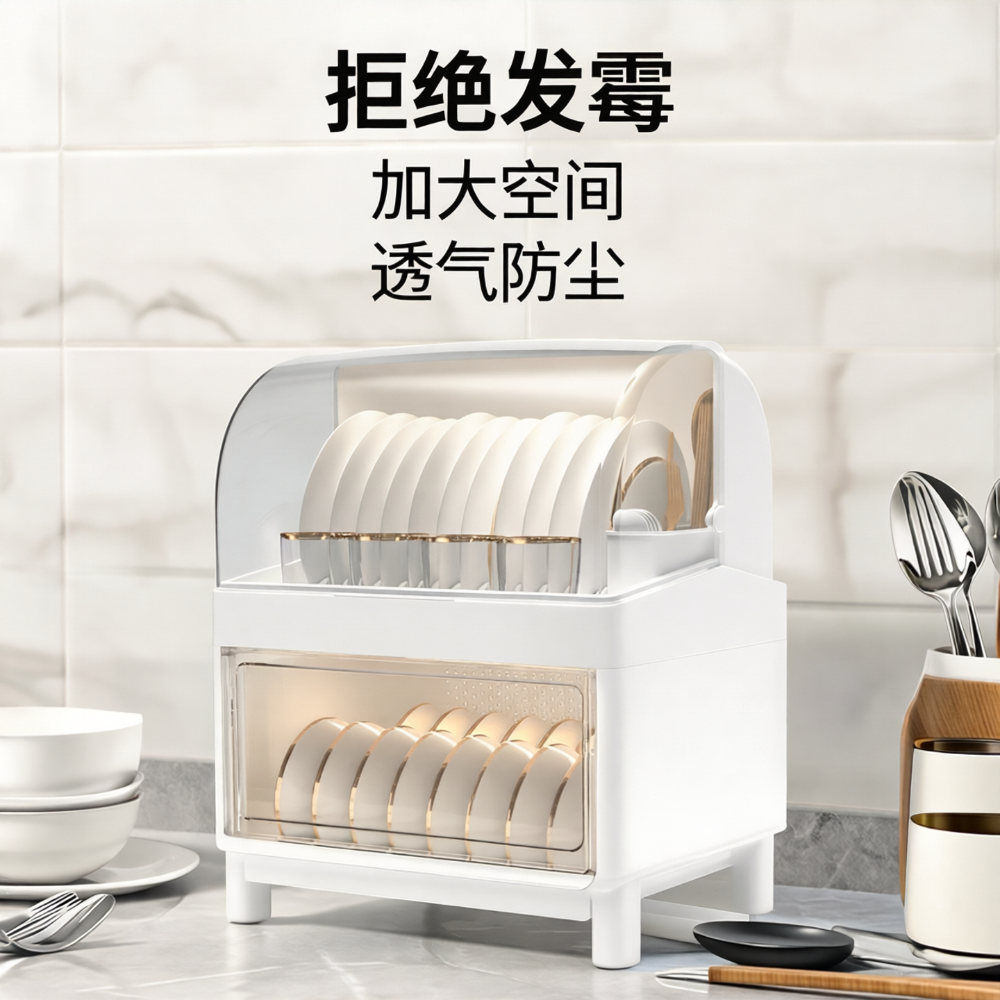 家用厨房双层碗柜台面碗筷收纳盒塑料装餐具碟盘沥水收纳架置物架