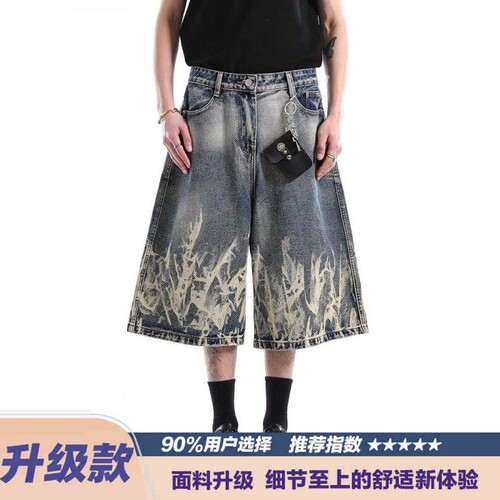 夏季街头闪电纹水洗牛仔短裤男潮牌小众设计宽松休闲中裤2025新款