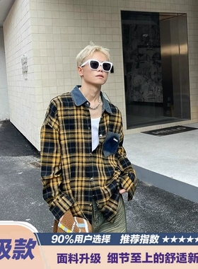 美式高级感黄色格纹格子衬衫女原创复古宽松百搭早秋衬衣潮