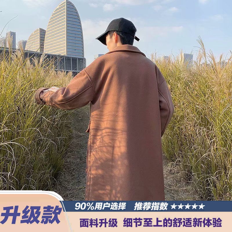 秋冬季简约毛呢风衣男中长款日系潮流西装领毛呢大衣袖口开叉外套