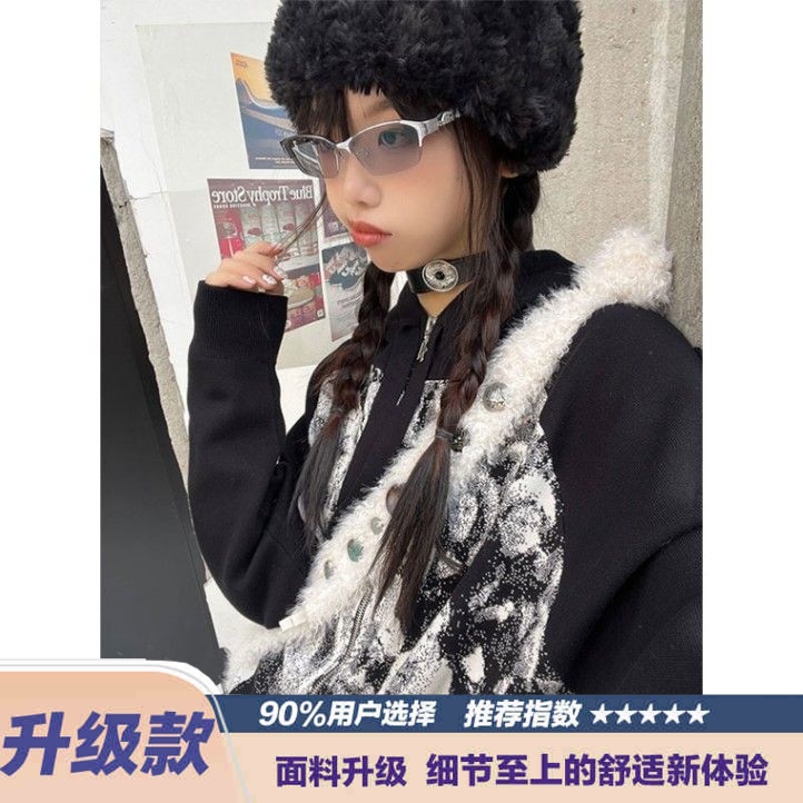 美式高街复古黑白人物连帽开衫卫衣男秋季潮牌小众宽松拉链外套女