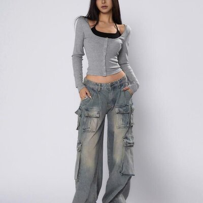 多口袋vibe高街美式复古工装裤女春夏阔腿牛仔裤女宽松hiphop裤子