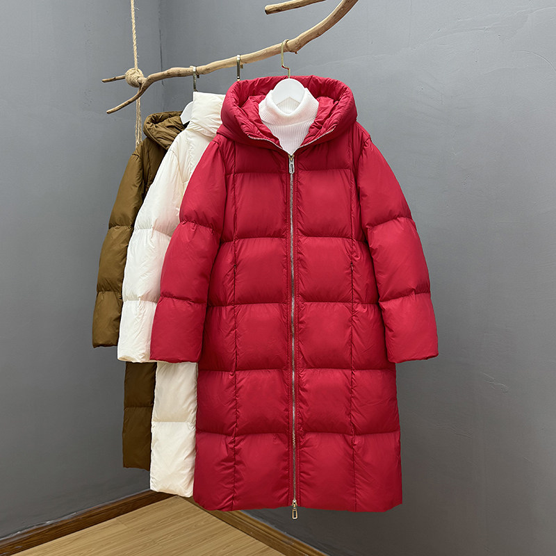 2025冬季新款加厚羽绒服女中长款过膝白鸭绒面包服宽松连帽外套