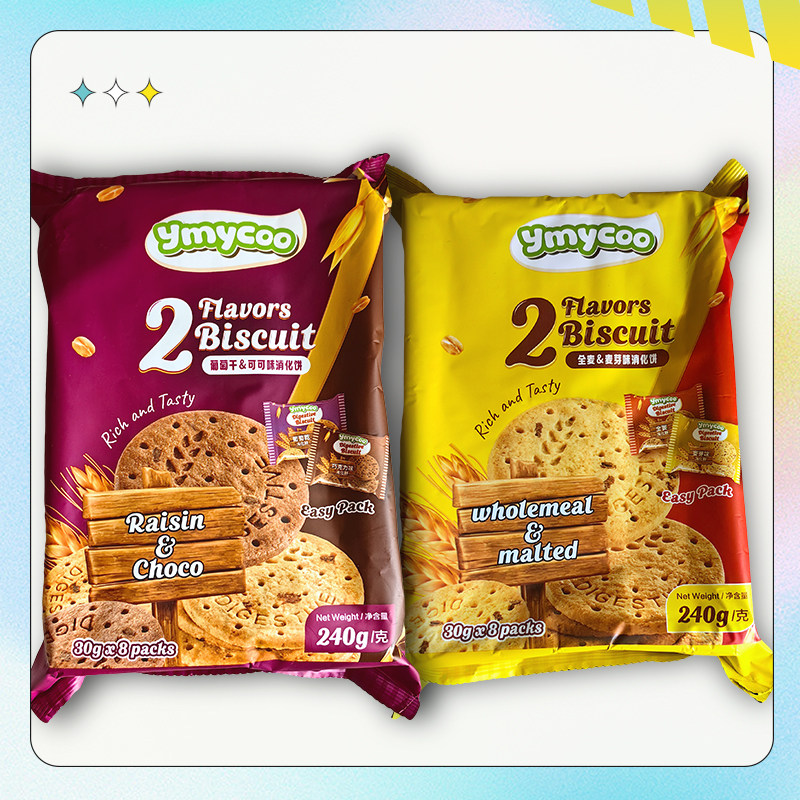 越南进口ymycoo葡萄干可可全麦麦芽味消化饼240克装酥脆休闲零食