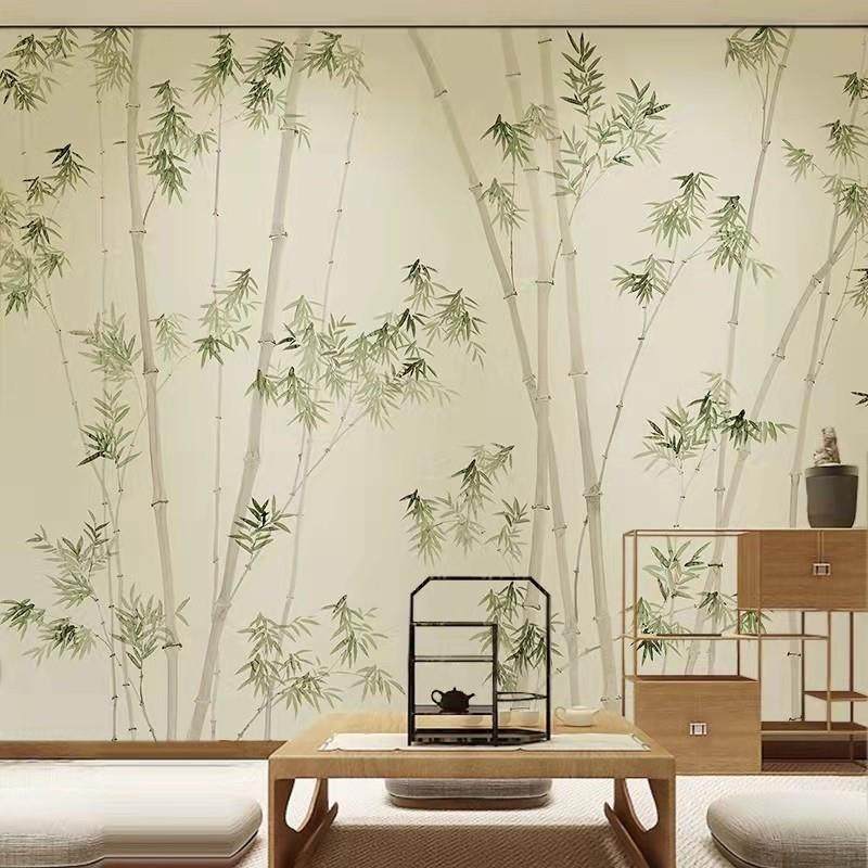 现代中式水墨竹林飞鸟客厅沙发背景墙纸壁布书房茶室民宿卧室壁画