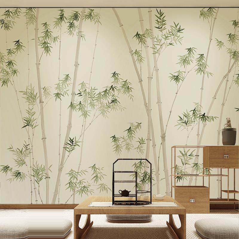 现代中式水墨竹林飞鸟客厅沙发背景墙纸壁布书房茶室民宿卧室壁画